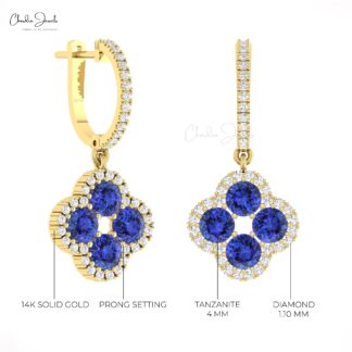 Dangle Four Leaf Earring In 14k Solid Gold Tanzanite 4mm Round And Diamond Halo Earrings
