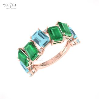 Seven Stone Stack Band In 14k Pure Gold Aquamarine 7x5mm Emerald And Diamond Ring