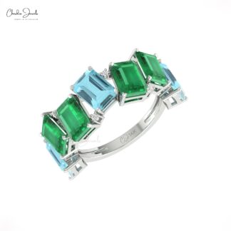 Seven Stone Stack Band In 14k Pure Gold Aquamarine 7x5mm Emerald And Diamond Ring
