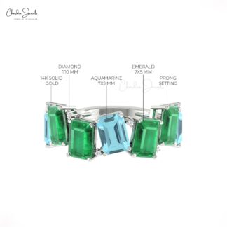 Seven Stone Stack Band In 14k Pure Gold Aquamarine 7x5mm Emerald And Diamond Ring