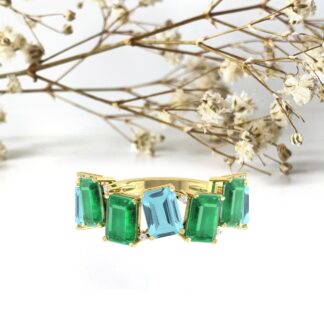Seven Stone Stack Band In 14k Pure Gold Aquamarine 7x5mm Emerald And Diamond Ring