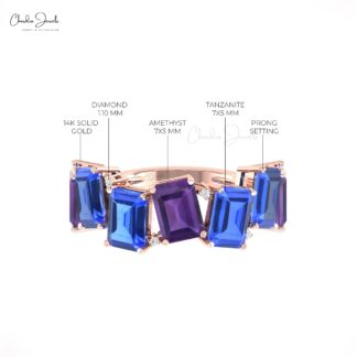 Real 14k Gold 7 Stone Stack Band With 7x5mm Amethyst And Tanzanite Diamond Halfway Ring