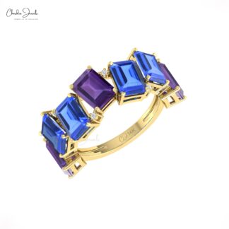 Real 14k Gold 7 Stone Stack Band With 7x5mm Amethyst And Tanzanite Diamond Halfway Ring