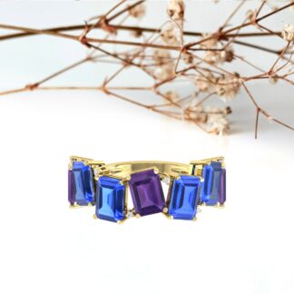 Real 14k Gold 7 Stone Stack Band With 7x5mm Amethyst And Tanzanite Diamond Halfway Ring