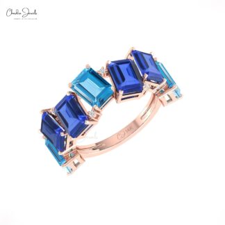 Half Eternity Stack Band With Swiss Blue Topaz And Tanzanite Pave Diamond 14k Gold Ring