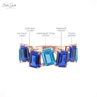 Half Eternity Stack Band With Swiss Blue Topaz And Tanzanite Pave Diamond 14k Gold Ring