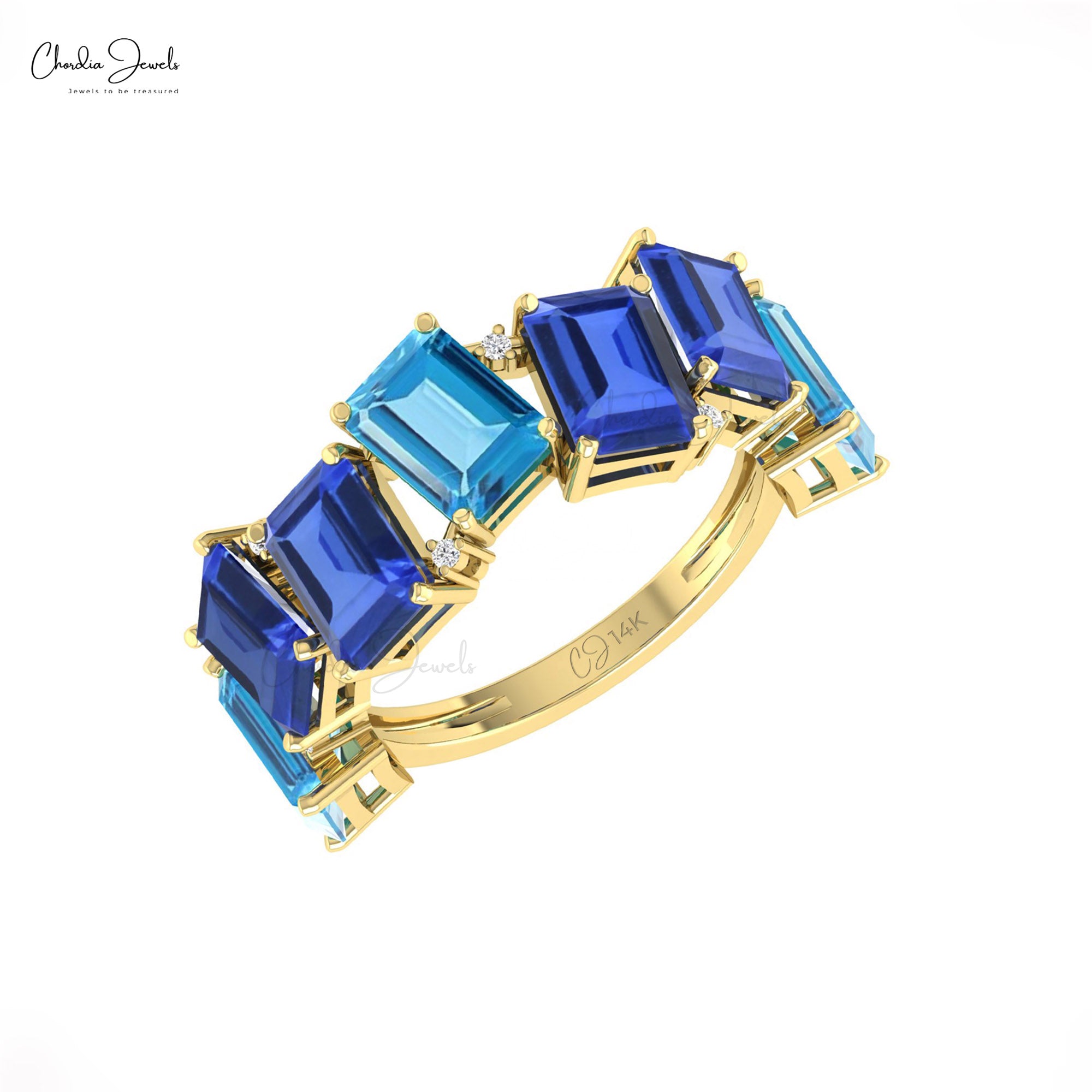 Half Eternity Stack Band With Swiss Blue Topaz And Tanzanite Pave Diamond 14k Gold Ring