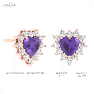 Cluster Diamond Heart Earrings In Real 14k Gold Amethyst 0.36 Ct Gemstone Studs For Mom