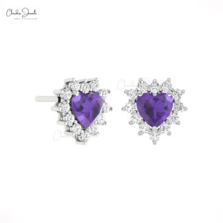 Cluster Diamond Heart Earrings In Real 14k Gold Amethyst 0.36 Ct Gemstone Studs For Mom