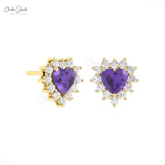 Cluster Diamond Heart Earrings In Real 14k Gold Amethyst 0.36 Ct Gemstone Studs For Mom