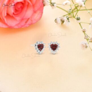 Gemstone Heart Stud In Solid 14k Gold Red Garnet And Diamond Halo Minimal Earrings
