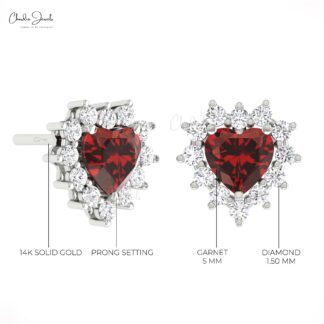 Gemstone Heart Stud In Solid 14k Gold Red Garnet And Diamond Halo Minimal Earrings