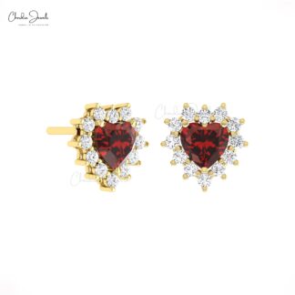 Gemstone Heart Stud In Solid 14k Gold Red Garnet And Diamond Halo Minimal Earrings