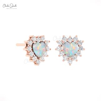 Two Birthstone Halo Stud In Real 14k Gold Fire Opal 5mm Heart And Diamond Love Earrings