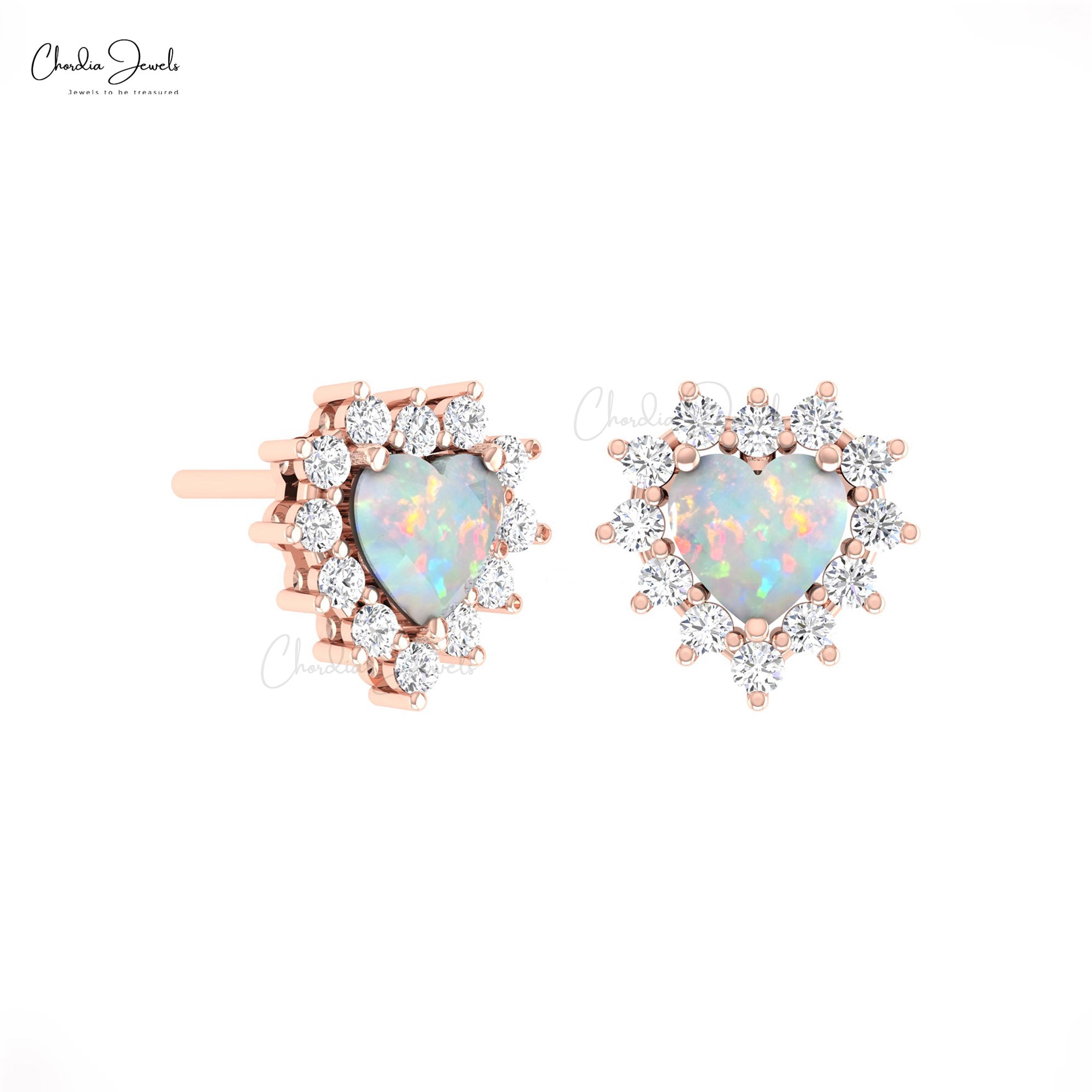 Two Birthstone Halo Stud In Real 14k Gold Fire Opal 5mm Heart And Diamond Love Earrings