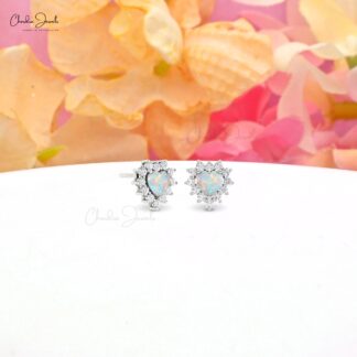 Two Birthstone Halo Stud In Real 14k Gold Fire Opal 5mm Heart And Diamond Love Earrings
