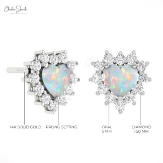 Two Birthstone Halo Stud In Real 14k Gold Fire Opal 5mm Heart And Diamond Love Earrings