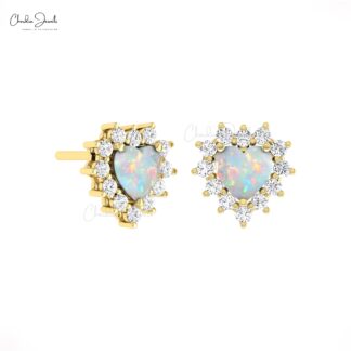 Two Birthstone Halo Stud In Real 14k Gold Fire Opal 5mm Heart And Diamond Love Earrings