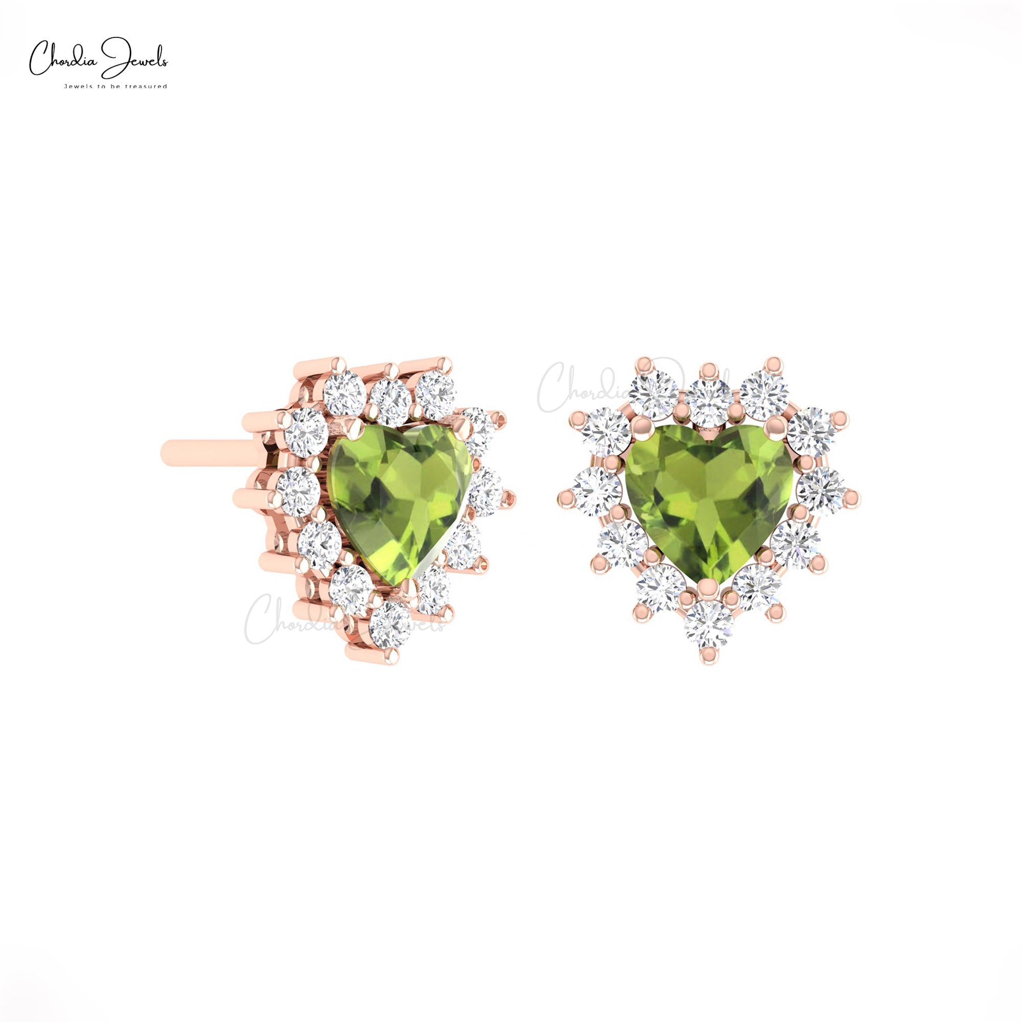 Natural Peridot Heart Earring With Pave Diamond Halo Handmade Earrings In 14k Solid Gold