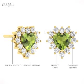 Natural Peridot Heart Earring With Pave Diamond Halo Handmade Earrings In 14k Solid Gold