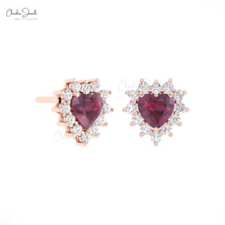 Dainty Diamond Halo Studs In Pure 14k Gold Rhodolite Garnet 5mm Heart Women Earrings