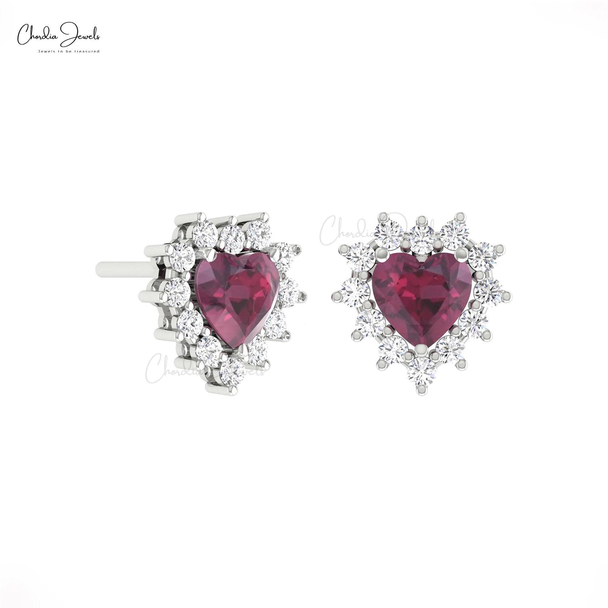 Dainty Diamond Halo Studs In Pure 14k Gold Rhodolite Garnet 5mm Heart Women Earrings