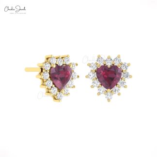 Dainty Diamond Halo Studs In Pure 14k Gold Rhodolite Garnet 5mm Heart Women Earrings