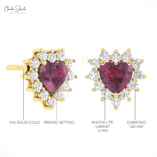 Dainty Diamond Halo Studs In Pure 14k Gold Rhodolite Garnet 5mm Heart Women Earrings