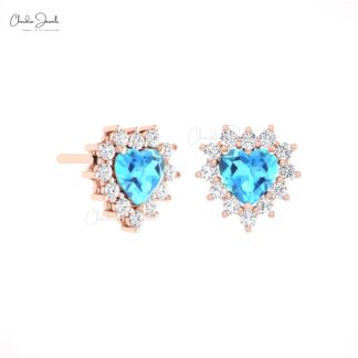 Cluster Diamond Halo Earring With 0.84 Ct Swiss Blue Topaz 14k Real Gold Heart Studs