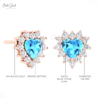 Cluster Diamond Halo Earring With 0.84 Ct Swiss Blue Topaz 14k Real Gold Heart Studs