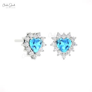 Cluster Diamond Halo Earring With 0.84 Ct Swiss Blue Topaz 14k Real Gold Heart Studs