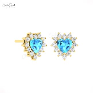 Cluster Diamond Halo Earring With 0.84 Ct Swiss Blue Topaz 14k Real Gold Heart Studs
