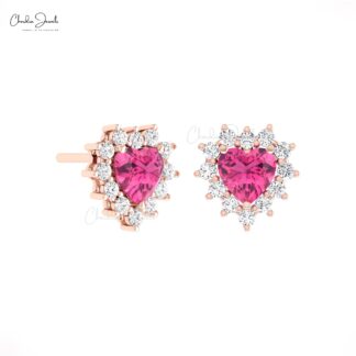 Dainty Halo Diamond Earring In 14k Solid Gold Pink Tourmaline 5mm Heart Studs For Her