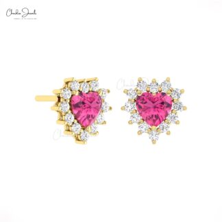 Dainty Halo Diamond Earring In 14k Solid Gold Pink Tourmaline 5mm Heart Studs For Her