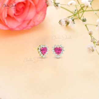 Dainty Halo Diamond Earring In 14k Solid Gold Pink Tourmaline 5mm Heart Studs For Her