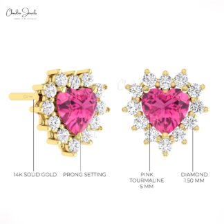 Dainty Halo Diamond Earring In 14k Solid Gold Pink Tourmaline 5mm Heart Studs For Her