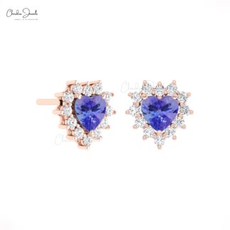 Pure 14k Gold Heart Studs With 5mm Tanzanite Halo Diamond Push Back Minimal Earrings