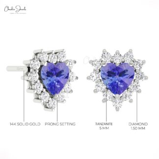 Pure 14k Gold Heart Studs With 5mm Tanzanite Halo Diamond Push Back Minimal Earrings