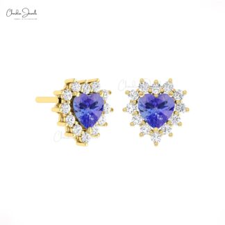 Pure 14k Gold Heart Studs With 5mm Tanzanite Halo Diamond Push Back Minimal Earrings