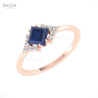Solid 14k Gold Half Halo Ring With 5mm Blue Sapphire And Diamond Dual Birthstone Rings