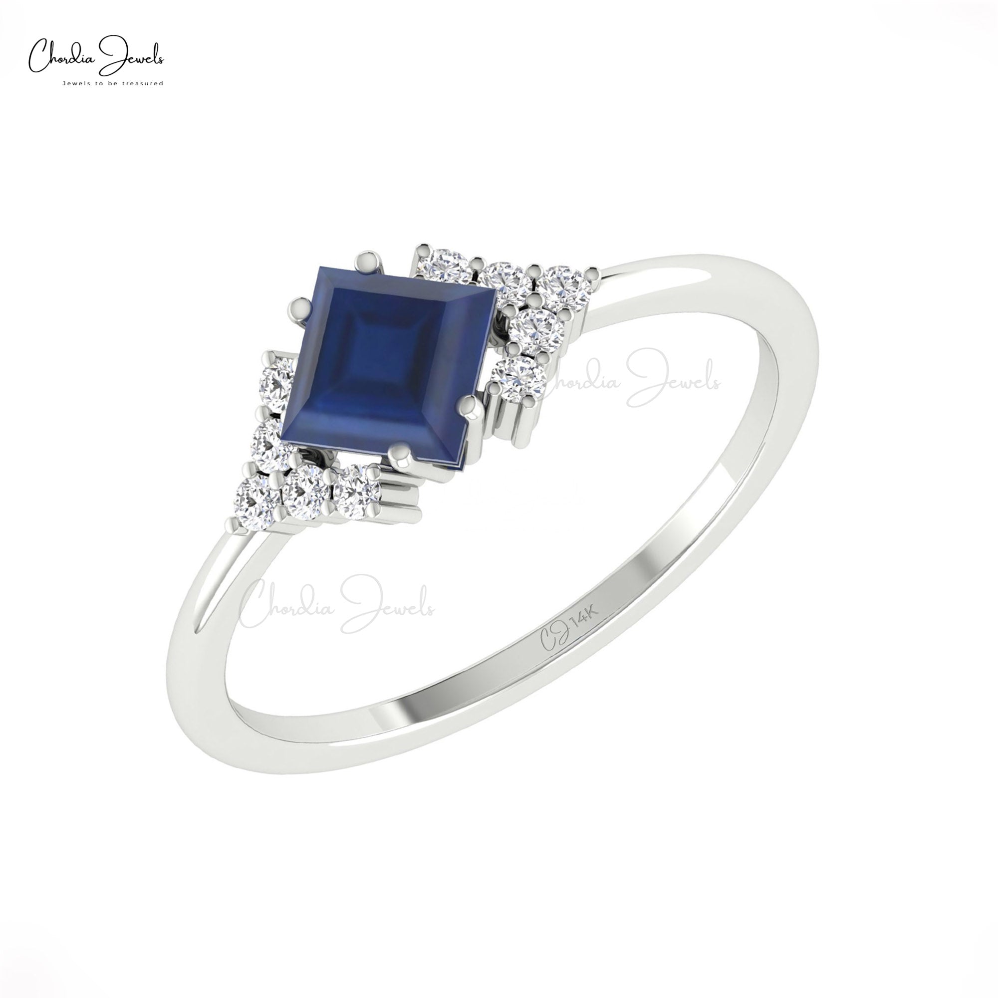 Solid 14k Gold Half Halo Ring With 5mm Blue Sapphire And Diamond Dual Birthstone Rings
