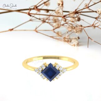 Solid 14k Gold Half Halo Ring With 5mm Blue Sapphire And Diamond Dual Birthstone Rings