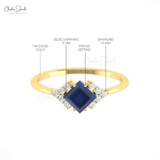 Solid 14k Gold Half Halo Ring With 5mm Blue Sapphire And Diamond Dual Birthstone Rings
