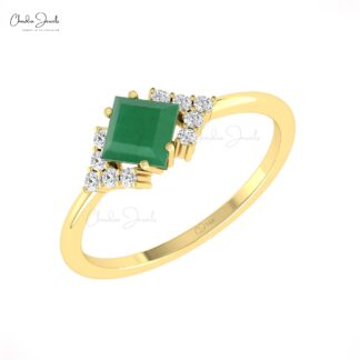 Half Halo Wedding Ring In 14k Solid Gold Zambian Emerald G-H Diamond Pave Rings