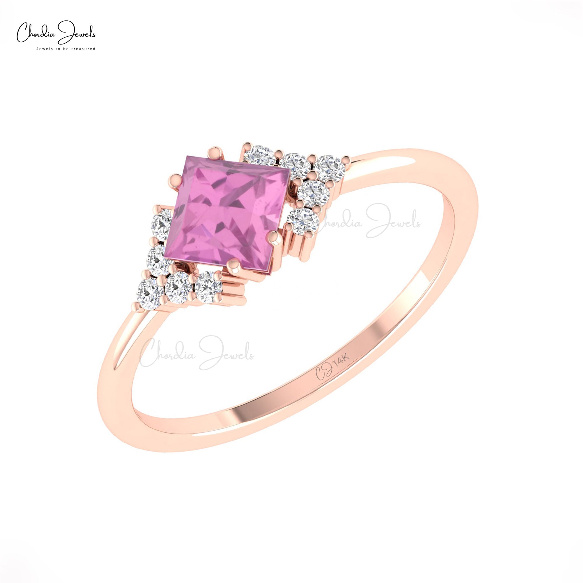 Small Diamond Half Halo Ring In Solid 14k Gold Pink Sapphire 0.7 Ct Square Unique Rings