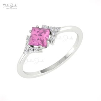 Small Diamond Half Halo Ring In Solid 14k Gold Pink Sapphire 0.7 Ct Square Unique Rings