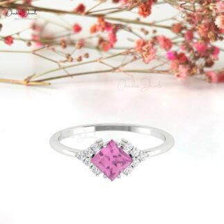 Small Diamond Half Halo Ring In Solid 14k Gold Pink Sapphire 0.7 Ct Square Unique Rings