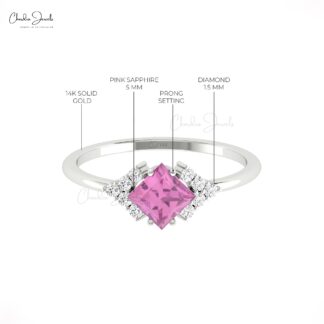Small Diamond Half Halo Ring In Solid 14k Gold Pink Sapphire 0.7 Ct Square Unique Rings