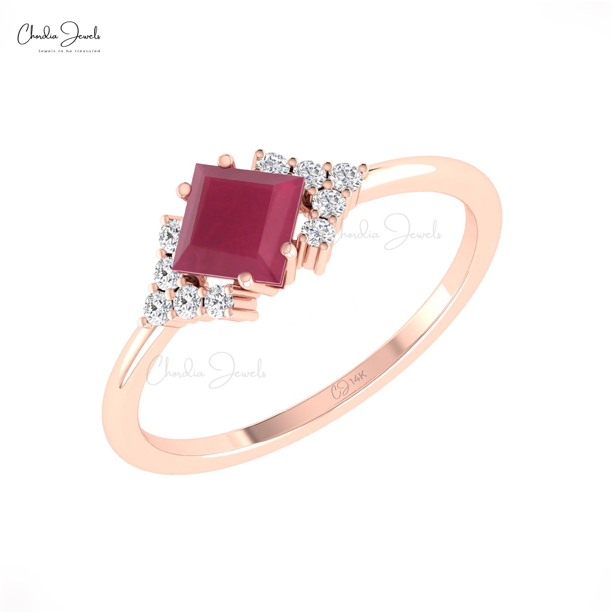 Square Cut Halfway Ring With 5mm Burma Ruby And Diamond 14k Real Gold Promise Rings