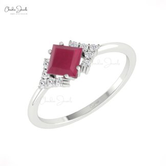 Square Cut Halfway Ring With 5mm Burma Ruby And Diamond 14k Real Gold Promise Rings